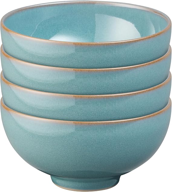Denby - Azure Blue Rice Bowls Set of 4 - Dishwasher Microwave Safe Crockery 480ml 13cm - Blue Ceramic Stoneware Tableware - Chip & Crack Resistant Soup Bowls