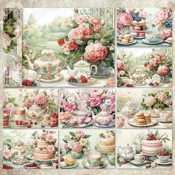 A5 size Spring Summer Vintage Teapot Style Scrapbook, DIY Album Scrapbook Paper,Greeting Card Making Background Paper Craft Supplies Painting Decoration Travel Diary Paper 14.5x21cm