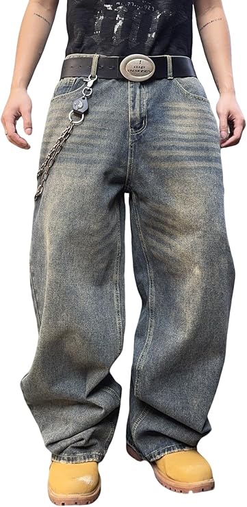 DFGIGT Mens Streetwear Hip Hop Baggy Jeans Wide Leg Y2k Skater Denim Pants
