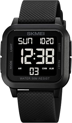 SKMEI Men Digital Sports Watch Ultra-Thin Large Face Waterproof Wrist Watches for Men with Stopwatch Countdown Timer Alarm Function Dual Time LED Back LightBlack Black