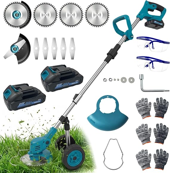 Weed Wacker Foldable Cordless Weed Wacker Electric String Trimmers and Trimmer Lawn with Two Battery with Charger  with Multiple Blades, a Goggles, and Two Pairs of Gloves for Yard, Garden(Blue)