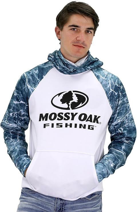 Mossy Oak Mens Fishing Hoodie, UV SPF Sun Protection Camo Fishing Sweatshirt with Face Mask Gaiter