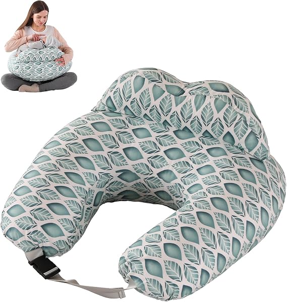 Baby Nursing Pillow for Breastfeeding: 100% Cotton Maternity Pillow Ultra Soft Baby Nursing Pillow with Safety Fence Comfortable Ergonomic Feeding Pillows Detachable Gifts for Pregnancy(Green Leaves)