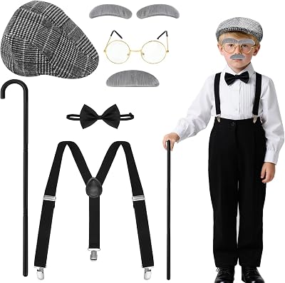 Halloween Boys Old Man Costume, 100 Days of School Costume Funny Aging Cosplay Grandpa Outfit Accessories Set-Include Glasses, Hat, Cane, Bow Tie, Suspenders, Eyebrows & Mustache