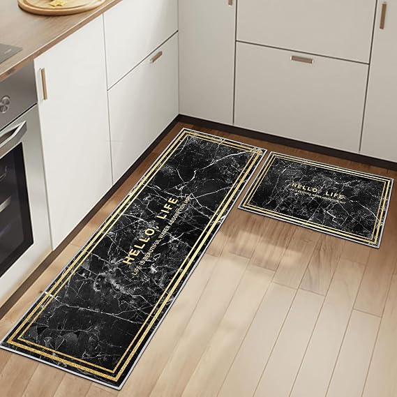 Kitchen Rugs Runner Set of 2 Anti Fatigue Kitchen Floor Mat for Home Decoration Office Waterproof Non Slip Kitchen Rug Set Comfort Standing Mats (Black Marble, 40 x 120 cm (Rectangular))