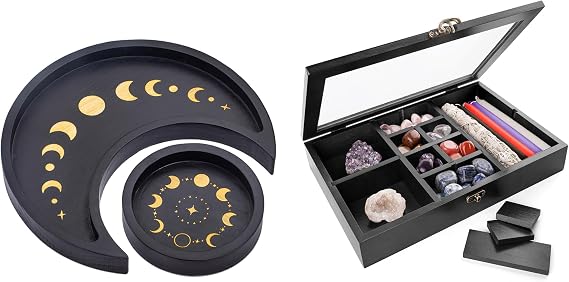 Crescent Moon Tray Crystal Holder Set, Adjustable Rock Display Case, Rock Collection Box with Shelves, Black Wood Crystal Organizer for Stones Storage,Gem Holder with Lid for Seashell