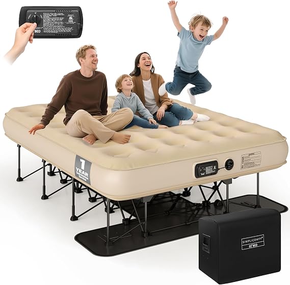 Simpli Comfy Queen EZ Bed Self-Inflating Air Mattress with Built-in Frame | with Built-in Pump and Wheeled Case, Blow Up Inflatable Rolling Air Bed on Wheels, 700lb
