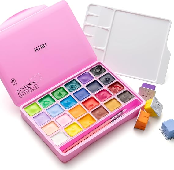 HIMI Gouache Paints Set with 3 Paint Brushes, 24 Colors, 30g, jelly gouache paint set, Non Toxic Paint for Canvas and Paper, Art Supplies for Professionals (PINK