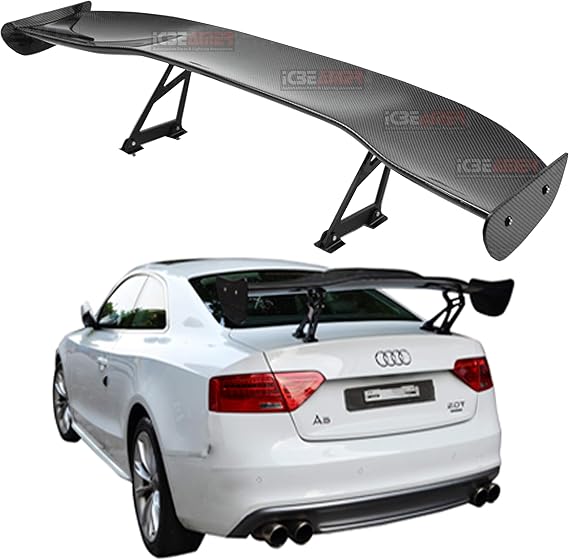 ICBEAMER JDM Racing GT Style with 100% Real Carbon Fiber Adjustable Rear Weatherproof Trunk Deck Spoiler with Accessories Kit (57" Length / 7" Bracket Height)