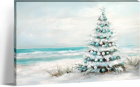 Christmas Tree Canvas Wall Art Winter Prints Pine Tree on Beach Picture Teal Painting Vintage Artwork Christmas Wall Decor Framed(Xmas-4,16.00"x24.00")