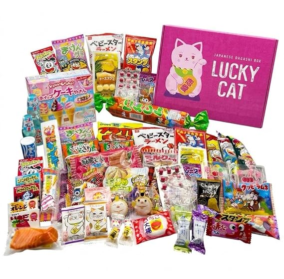 LUCKY CAT Japanese Candy & Snack Variety Pack 50 Piece Dagashi Box Assortment Gummies, Candy, Gum & Popular Japanese Treats from Japan