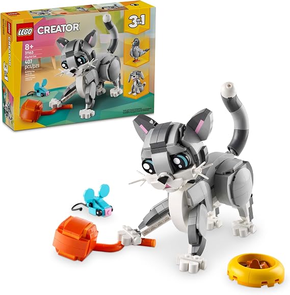 LEGO Creator 3 in 1 Playful Cat Toy - Building Toy with 3 Building Options, Cat, Dog, or Pigeon - Birthday Gift for Kids - Animal Figures for Kids, Girls and Boys, Ages 8+ 31163