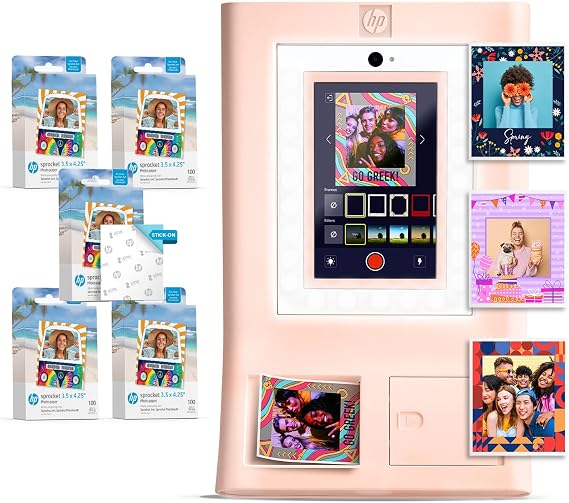 HP Sprocket Photo Booth Machine Instant Color Photo Printer (Pink) Paper Bundle + Zink 3.5 x 4.25 Zink Sticky-Backed Photo Paper (510 Sheets)