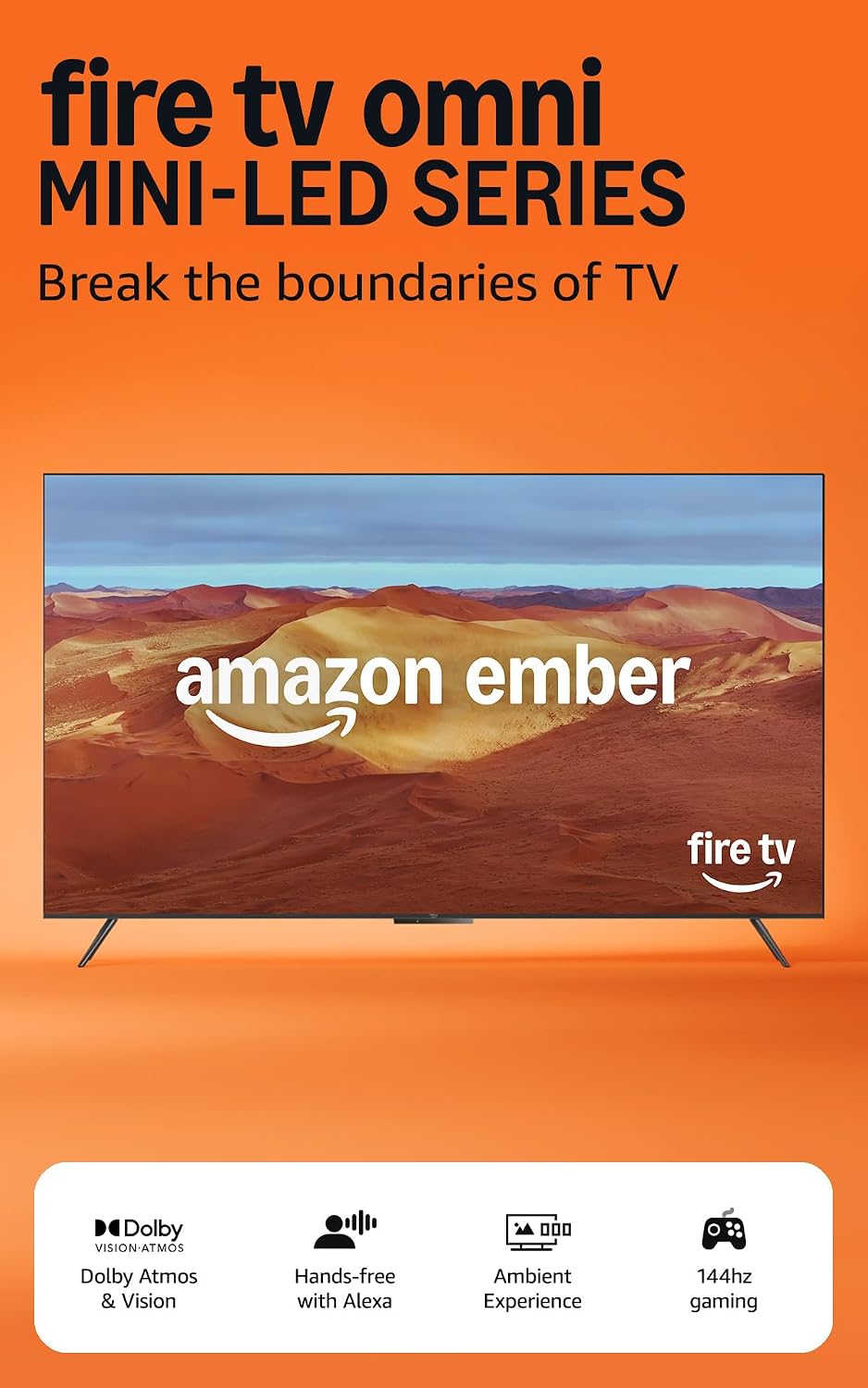 Amazon Ember 55" Mini-LED Series with Fire TV, QLED 4K UHD smart TV, Dolby Vision IQ, 144 Hz gaming mode, ambient experience, hands-free with Alexa, 2024 release