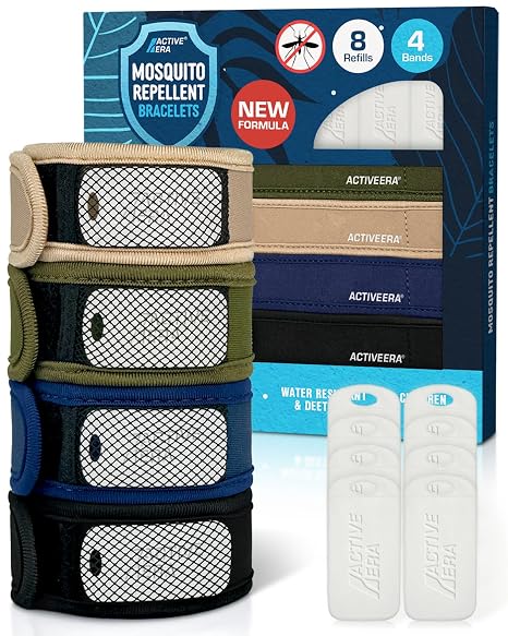 Active Era Mosquito Repellent Bracelet & Bands, Refillable Fabric Insect Wristbands, 4 Bracelets & 8 Pods, Adults & Kids 3+ — DEET-Free Citronella, Camping, Hiking, Travel Essentials (Multicoloured)
