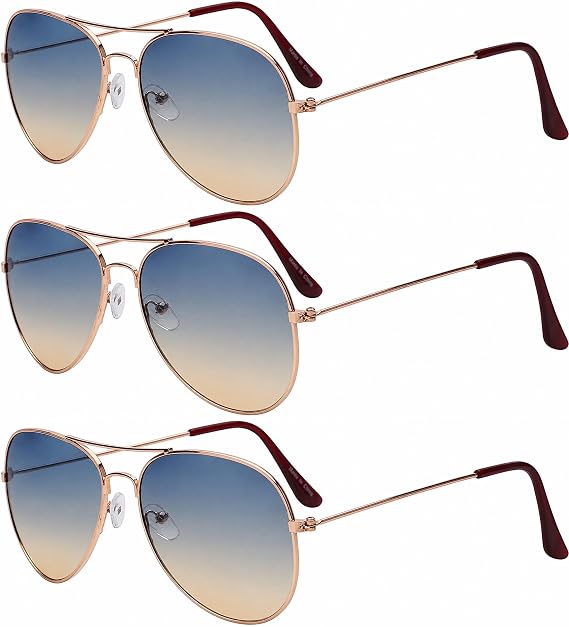 OWL 3 Pairs Classic Aviator Sunglasses Two Tone Color Lens Gold Metal Frame UV 400 Sun Protection