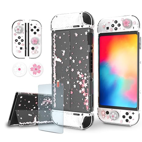 Nintendo Switch OLED Case, Cherry Blossom Glitter Dockable Cover with Grips