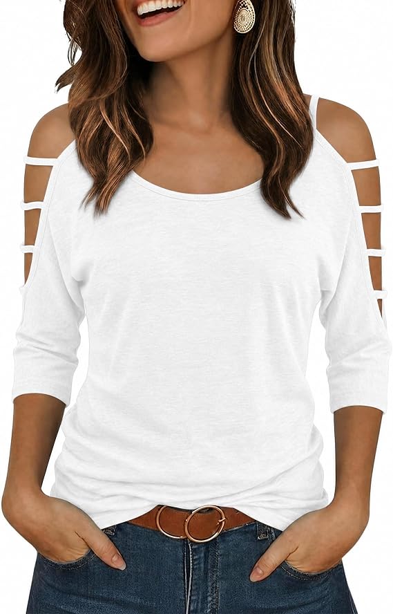 Jar of Love Women's Cold Shoulder Tops 3/4 Sleeve Sexy Going Out T-Shirts for Women Casual Tunic Tops