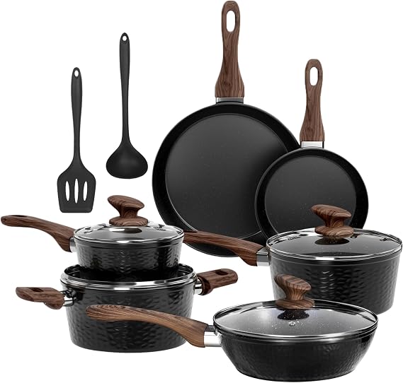 Kitchen Academy Non Stick Cookware, Pots Pans Sets with Lids 12PCS Black