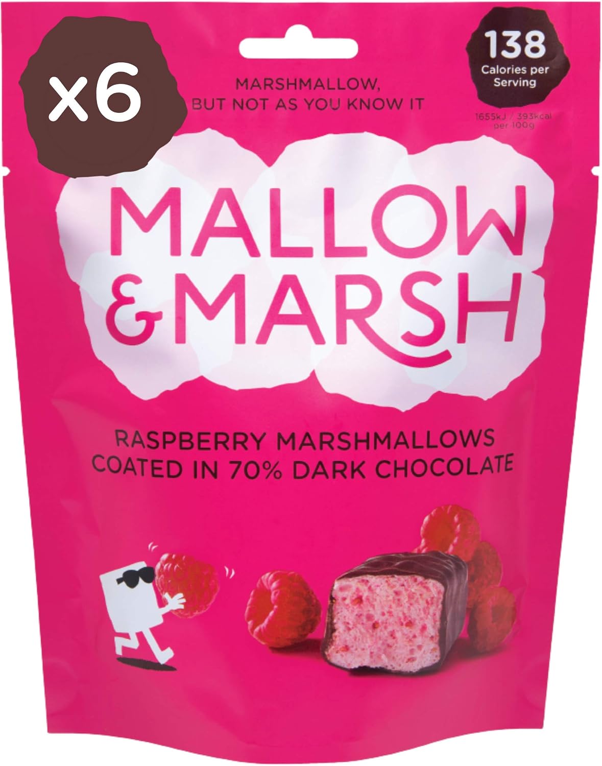 Mallow & Marsh Raspberry Coated in 70% Dark Chocolate Marshmallow Sharing Bag - Multipack 6 x 100g