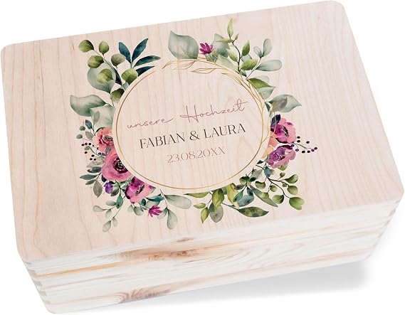 Wooden Box - Keepsake Box Our Wedding with Flower Wreath Personalised Wedding Gifts - 30 x 20 x 14 cm - Wooden - Wedding Gifts for the Couple Box Love Bride and Groom Gift Box