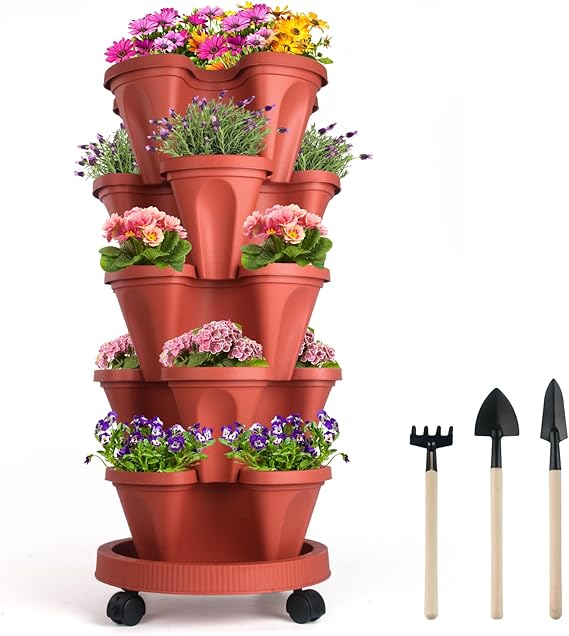 DUNCHATY Stackable Planters 5 Tier Vertical Garden Planting Tower Planters Strawberry, Herb, Flower, and Vegetable Planter Indoor Outdoor Gardening Pots with Removable Wheels and Tools, 2 Bundle