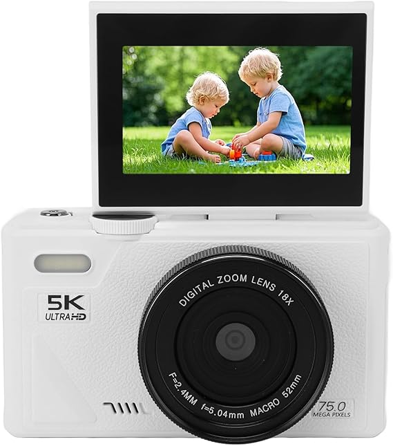 5K Digital Camera 75 MP HD Digital Cameras for Photography Auto Focus Tip and Shoot Small Camera Retro Mirrorless Camera with 3 Inch Screen 18x Zoom Black (White)