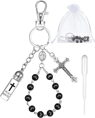 Holy Water Bottle Keychain Gift with Rosary Bead Crucifix Eyedropper Organza Bag, Catholic Rosary for Xmas PartyBlack,Classic