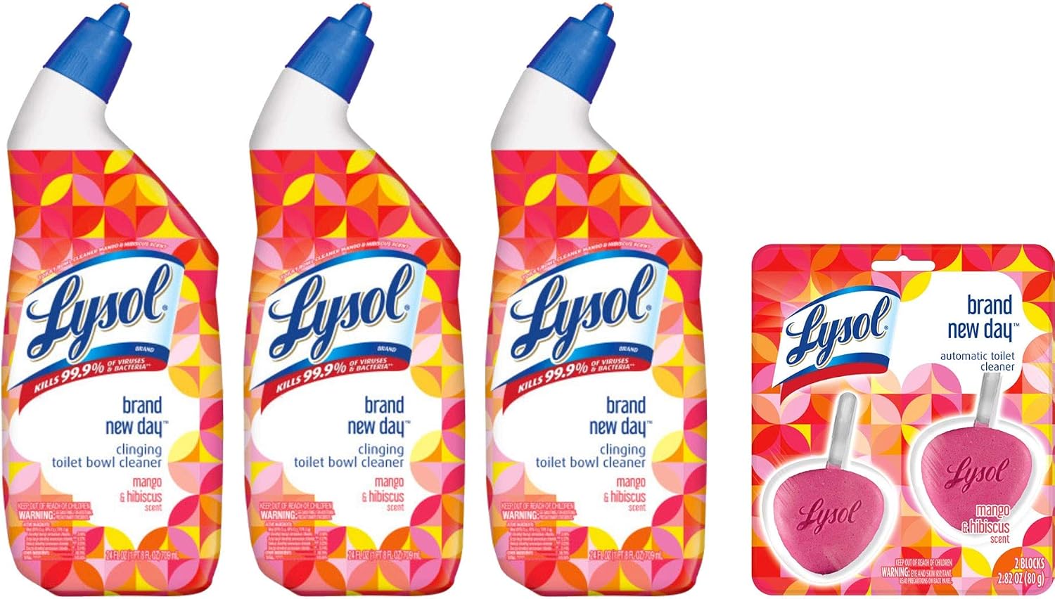 LYSOL Toilet Bowl Cleaner Variety Pack with Mango & Hibiscus: Clinging Toilet Cleaner 24 oz 3 each, Automatic Toilet Bowl Cleaner 2 each