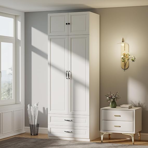 White Armoires Wardrobe Closet with 2 Drawers and 2 Doors: 88" H