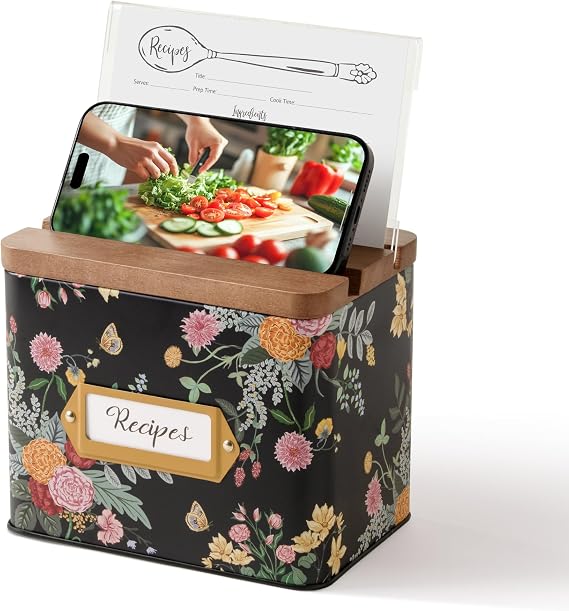 Cabbrix Recipe Box with 50 Cards and 24 Dividers, 4x6 Recipe Card Box Set, Wooden Lid with Phone Holder and Recipe Holder, Beautiful Metal Recipe Organizer, Dahlias
