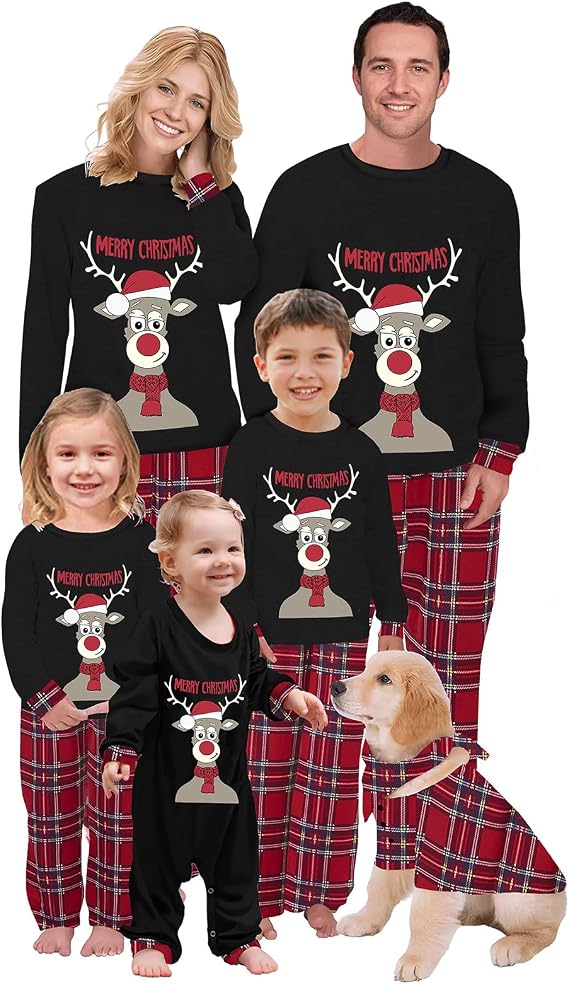 Matching Family Christmas Pajamas Printed Long Sleeve Tee and Plaid Pants Loungewear Xmas Sleepwear