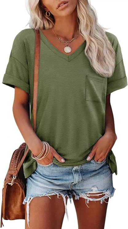 ATHMILE Womens T Shirts Short Sleeve V Neck Summer Tops Basic Tees