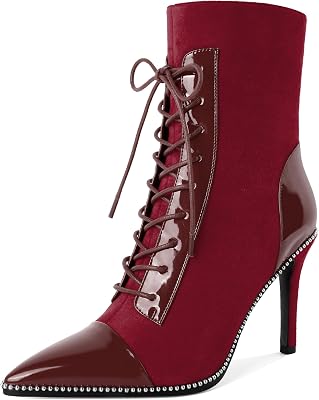 SAMMITOP Womens Lace Up Ankle Boots High Stiletto Heel Pointy Toe Fashion Heeled Booties Silver Beaded Side Zipper Short Boots Shoes 4 Inch
