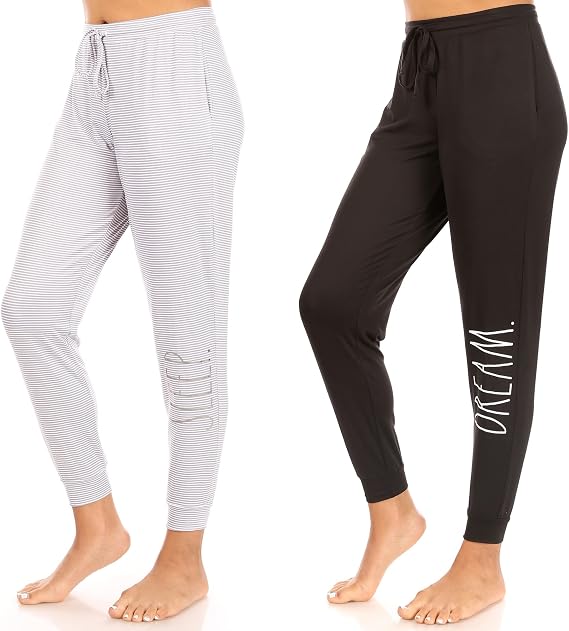 Rae Dunn Women's Sleepwear, Sleep & Dream 2-Pack Pajama Joggers for Women with Pockets, Pajama Pants for Women, Light Gray and Black, Large