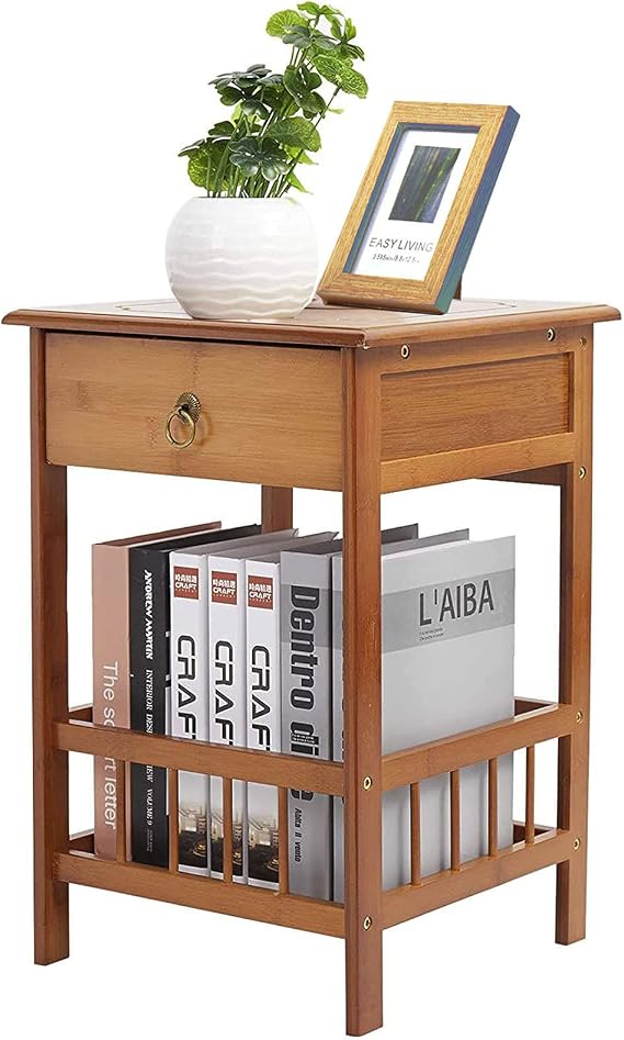 Small Bamboo Nightstand Table Couch Chair Bedside End Table with Storage for Bedroom Living Room Furniture (Brown, 2 Tier)