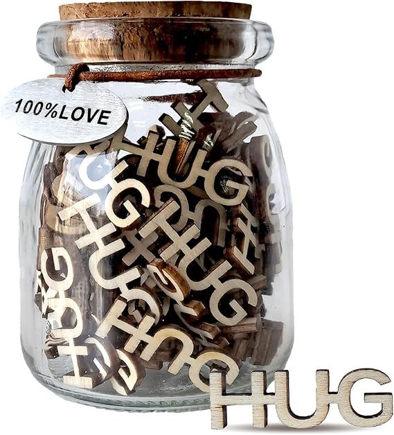 Fun-Plus Hug Wooden Cutout Letter in A Jar Creative Gift, Hug Jar, Brown, Round, 2.8 inches x 4 inches, 4 ounces