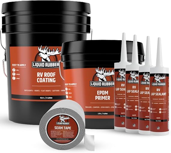 Liquid Rubber RV Roof Coating - Solar Reflective Sealant Bundle - 5G Sealer, 1G EPDM Primer, 4inx50ft Seam Tape, 4 Tube of Caulk