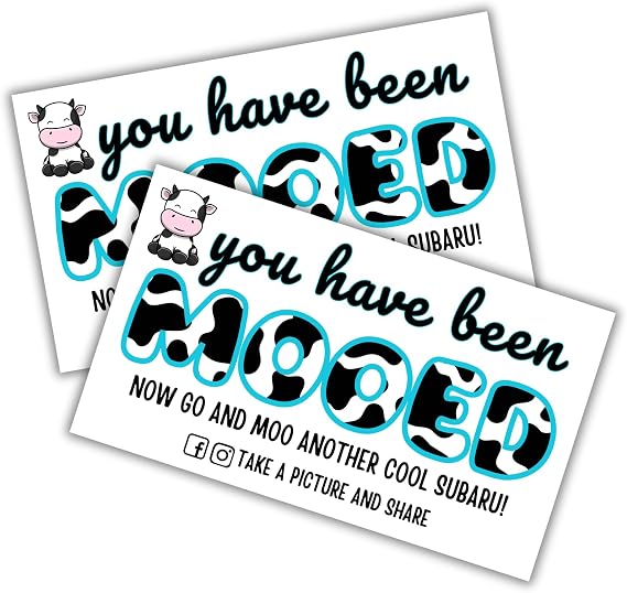 Lashicorn Moo Moo Subaroo You Have Been Mooed Card Tags | 50 Pack Moo Moo Cards Attach to Cow Ducks, Can Cozies, Rubber Cow Moo Moo Bracelets SUV Car Game
