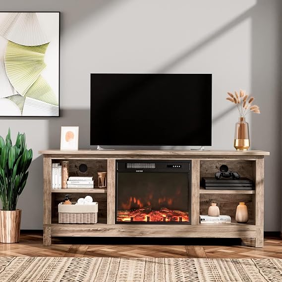 Furniwell Fireplace TV Stand for Televisions up to 65+ Inch, Media Entertainment Center Console Table with 26" Electric Fireplace, Farmhouse TV Stand with Storage Cabinet for Living Room (Rustic Oak)
