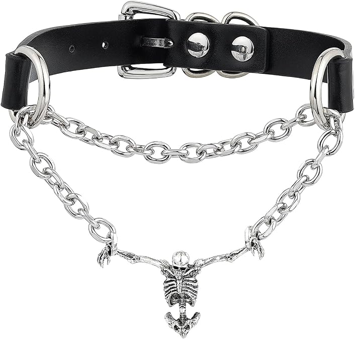 Gothic Skull Chain Leash Leather Choker Necklace For Halloween, Adjustable