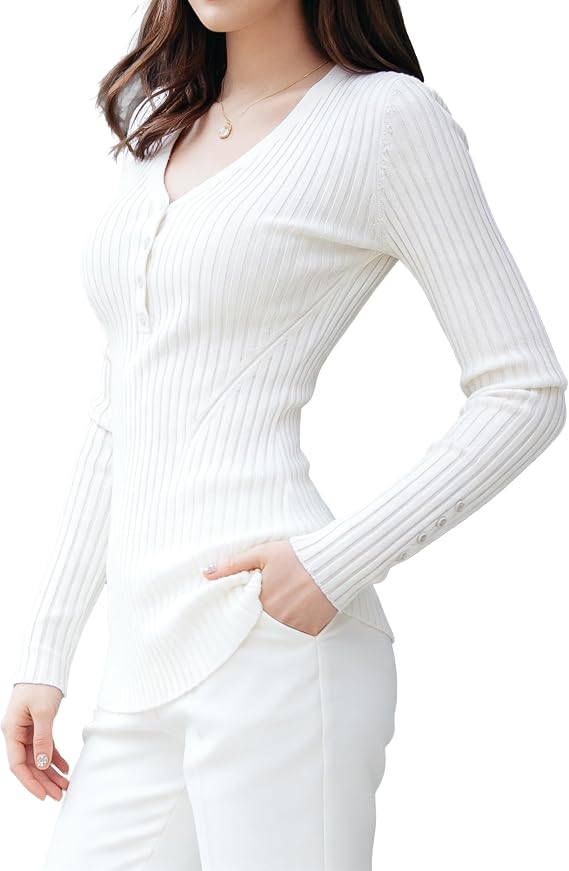 v28 Women Tops Long Sleeve V Neck Henley Button Up Casual Sexy Slim Fit Ribbed Knit Knitwear Pullover Sweater