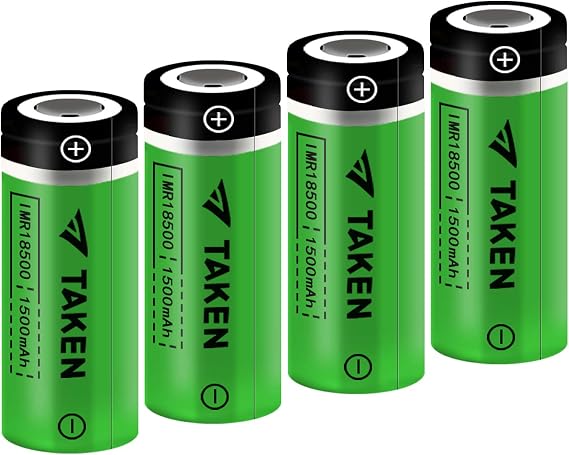 Taken 18500 Rechargeable Li-ion Battery IMR Lifepo4 18500 3.7v 1500mah Solar Battery Flat Top Battery for Flashlight, Outdoor Solar Lights - 4 Pack