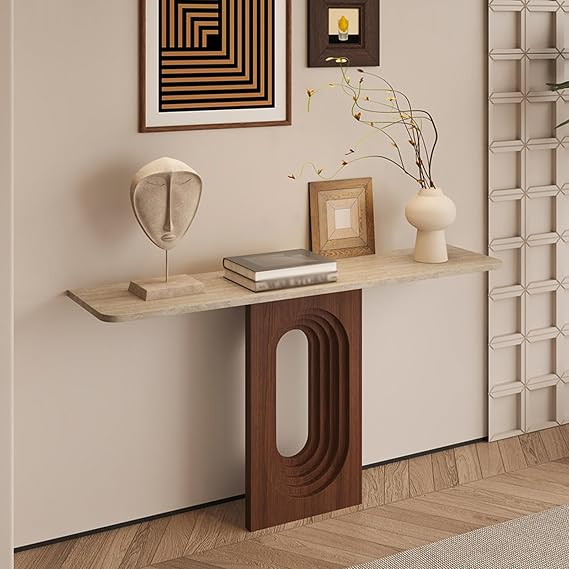 Modern Entryway Console Table,Travertine Slab Top with Wooden Creative Cutout Base,Narrow Accent Sofa Table for Living Room, Hallway and Foyer Decor(120cm/47.2in)