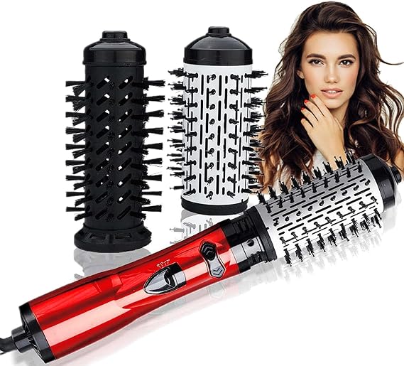 3 in 1 Hot Air Styler and Rotating Hair Dryer Hair Dryer and Blow Dryer Brush in One 2 Interchangeable Brushes for Dry and Wet Hair, Auto Rotating Curling Hot Hair Brush Red