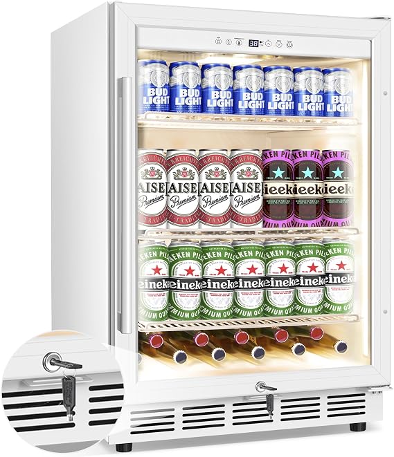 Beverage Refrigerator 24 Inch Drink Fridge, Beer Fridge, 150 Cans Beverage Cooler, Under Counter Refrigerator, Drink Cooler Undercounter Outdoor Refrigerators, Single Glass Door Bar Fridge