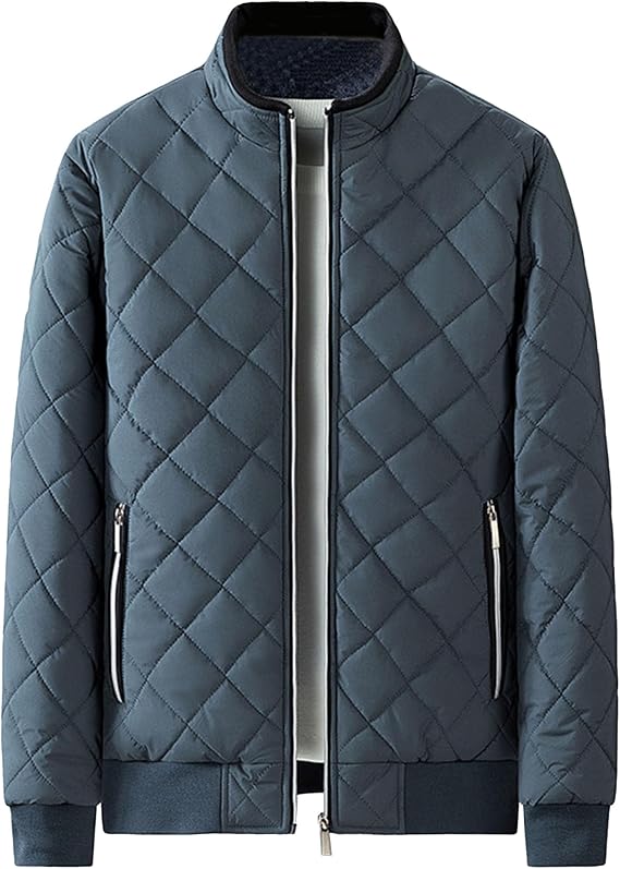 Men's Stand Collar Solid Streetwear Jacket Winter Bomber Diamond Quilted Coat Classic Rib Lightweight Coats (Green,X-Large)