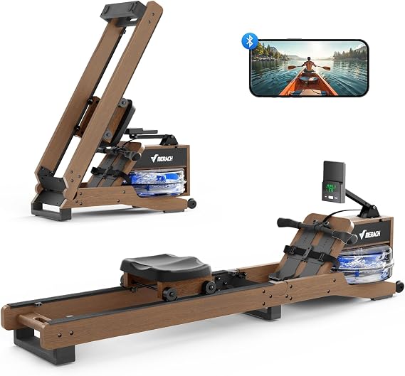 MERACH Foldable Wood Rowing Machine for Home Gym, Water Resistance Rower with 6 Levels, Max 180 kg Weight Capacity, Built-in Monitor, Comfortable Seat, App Compatible for Immersive Fitness Workout