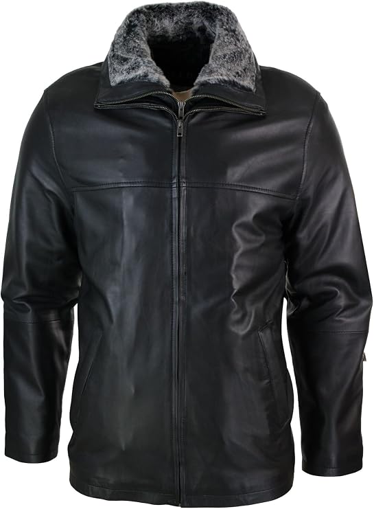 TruClothing Mens Classic Double Zip Fur Lined Genuine Soft Leather Coat Jacket Regular Fit