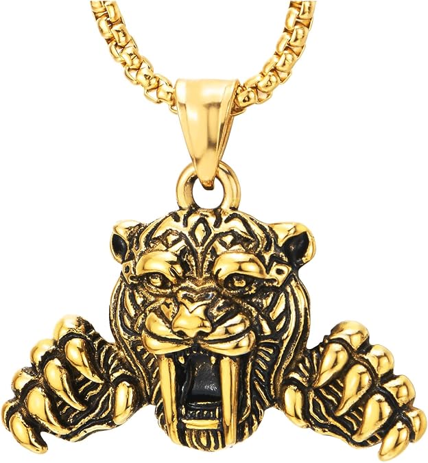 COOLSTEELANDBEYOND Roaring Tiger and Claws Pendant Necklace, Mens Gold Color Steel with 27.6 inches Wheat Chain